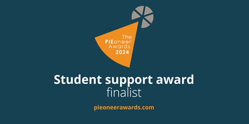 orange and blue logo for the PIEoneer awards depicting the fact Bristol are student support award finalists.